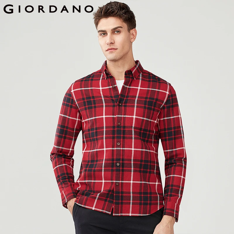 Giordano Men Shirt Flannel 100% Cotton Camisa Masculina Long Sleeve Casual Warm Classic Social Shirts Male | Мужская одежда