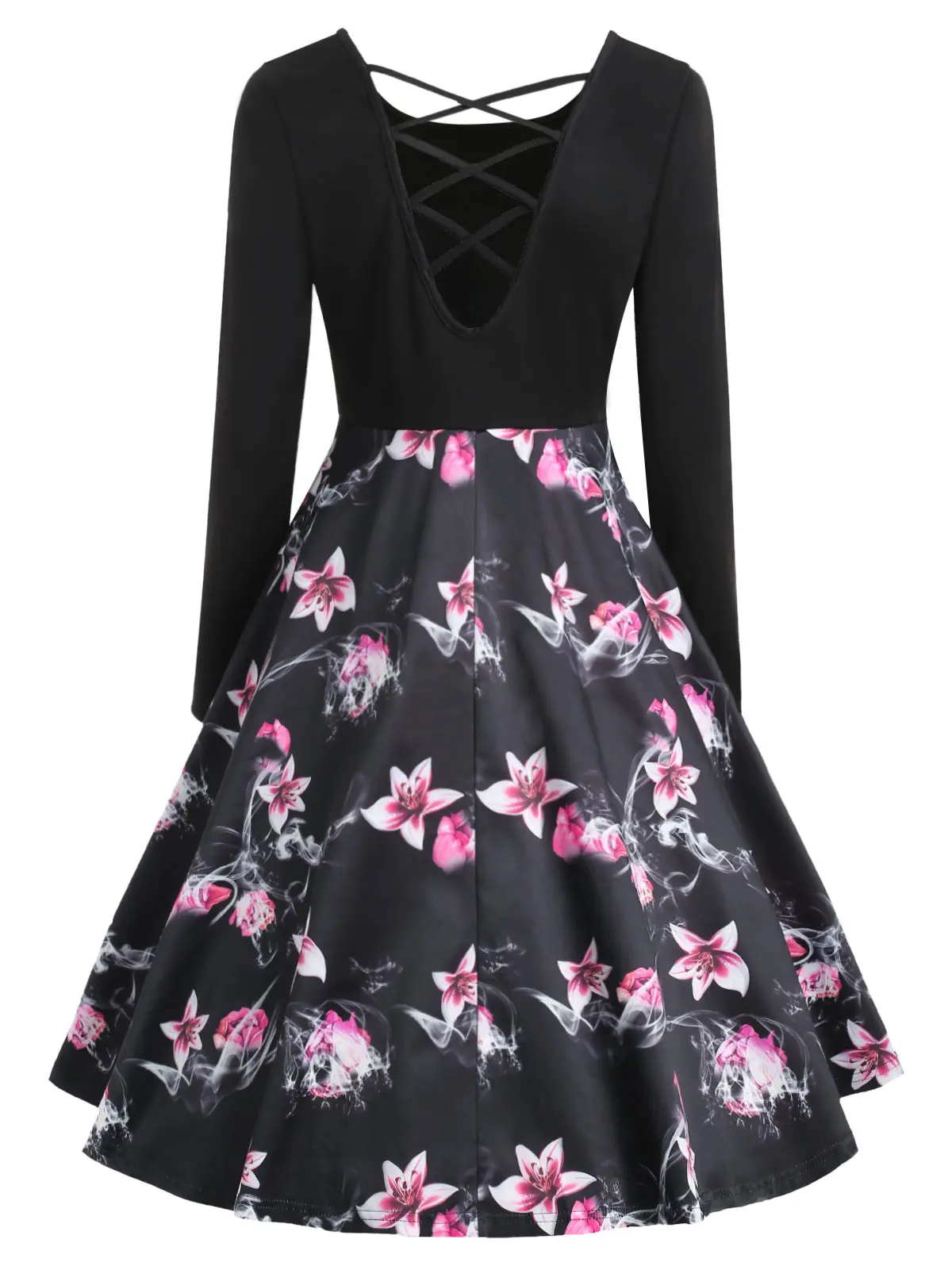 Floral Print Criss Cross Women Retro Dress 50s 60s Round Neck Long Sleeves Rockabilly Swing Vintage Party Vestidos | Женская одежда