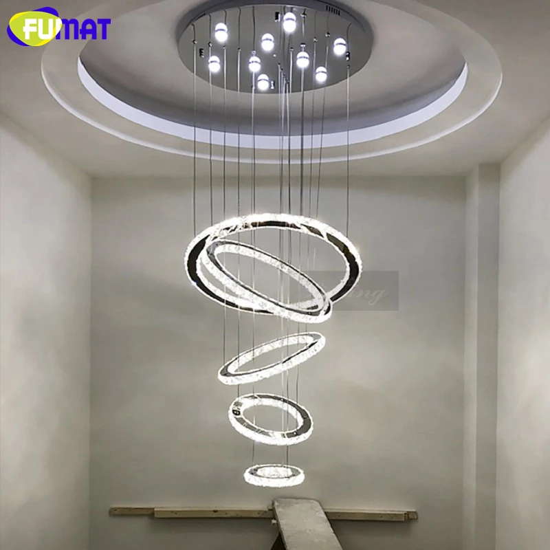 買取 FUMAT Stailess 鋼リングクリスタルスパイラル階段ヴィラ天井ランプ調光リモコン層灯ペントハウス光沢シャンデリア
