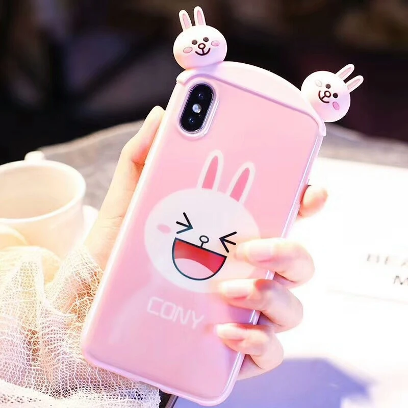 Blu-ray Brown Bear Cony Rabbit Case for iPhone X XS Max XR Removable Double-Headed Doll Soft Cover For 8 7 6s 6 Plus |