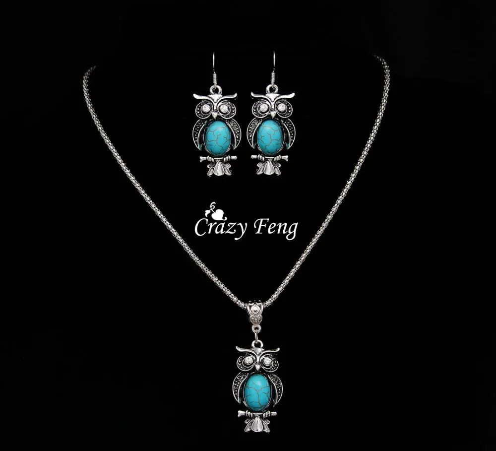 Сова Ювелирные Наборы Тибетский серебристый цвет ретро камень кулон ожерелье