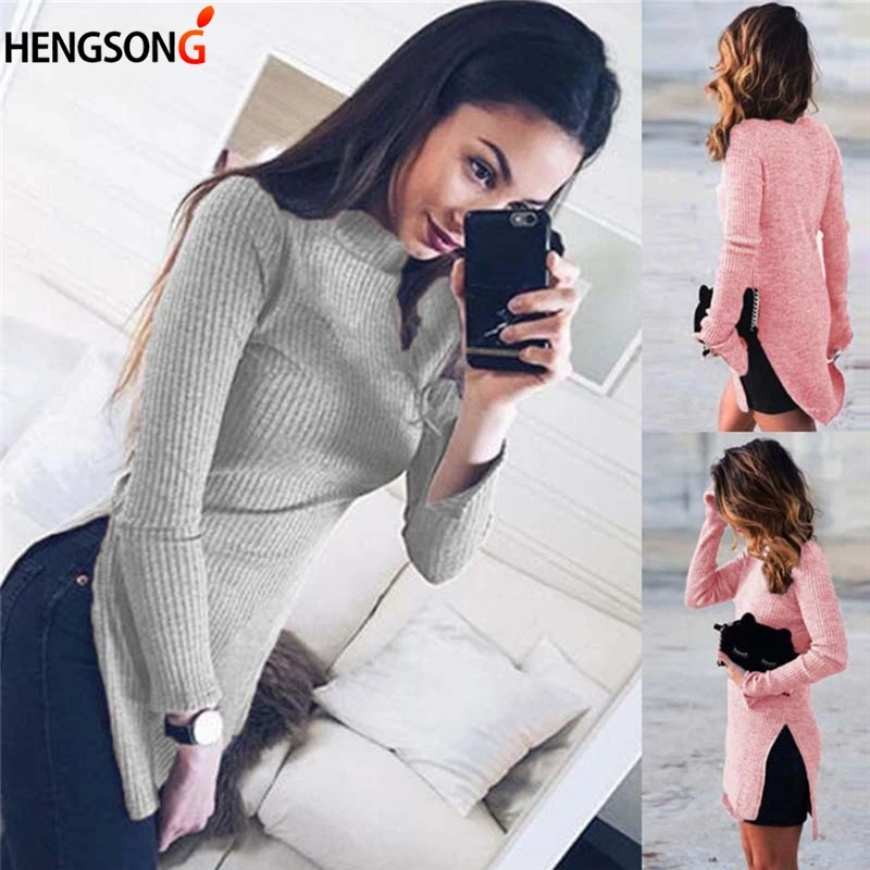 

Fashion Autumn Winter Women Sweater Solid Color Long Sleeve High Neck Side Split Ladies Casual Knitted Pullover Top