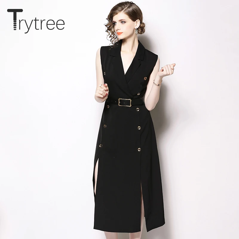 Trytree лето осень платье формальное женское без рукавов ТРАПЕЦИЕВИДНОЕ с поясом