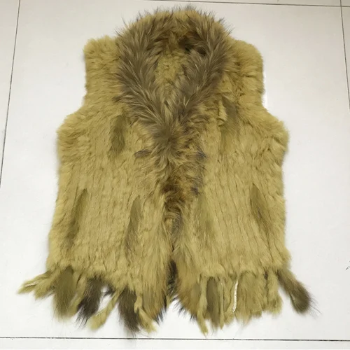yellow Лидер продаж, женский жилет из натурального кроличьего меха, повседневный жилет с воротником из натурального меха енота, Женский вязаный жилет ручной работы из натурального кроличьего меха - Цвет: yellow