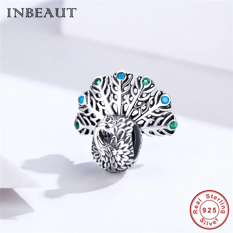 INBEAUT 100% Серебро 925 пробы красочный CZ Fanning свой хвост Павлин бусины Подходит для