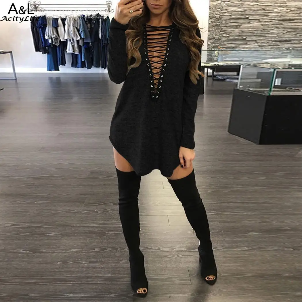 Однотонная повседневная обувь с длинным рукавом Для женщин V Neck Lace up Свободные