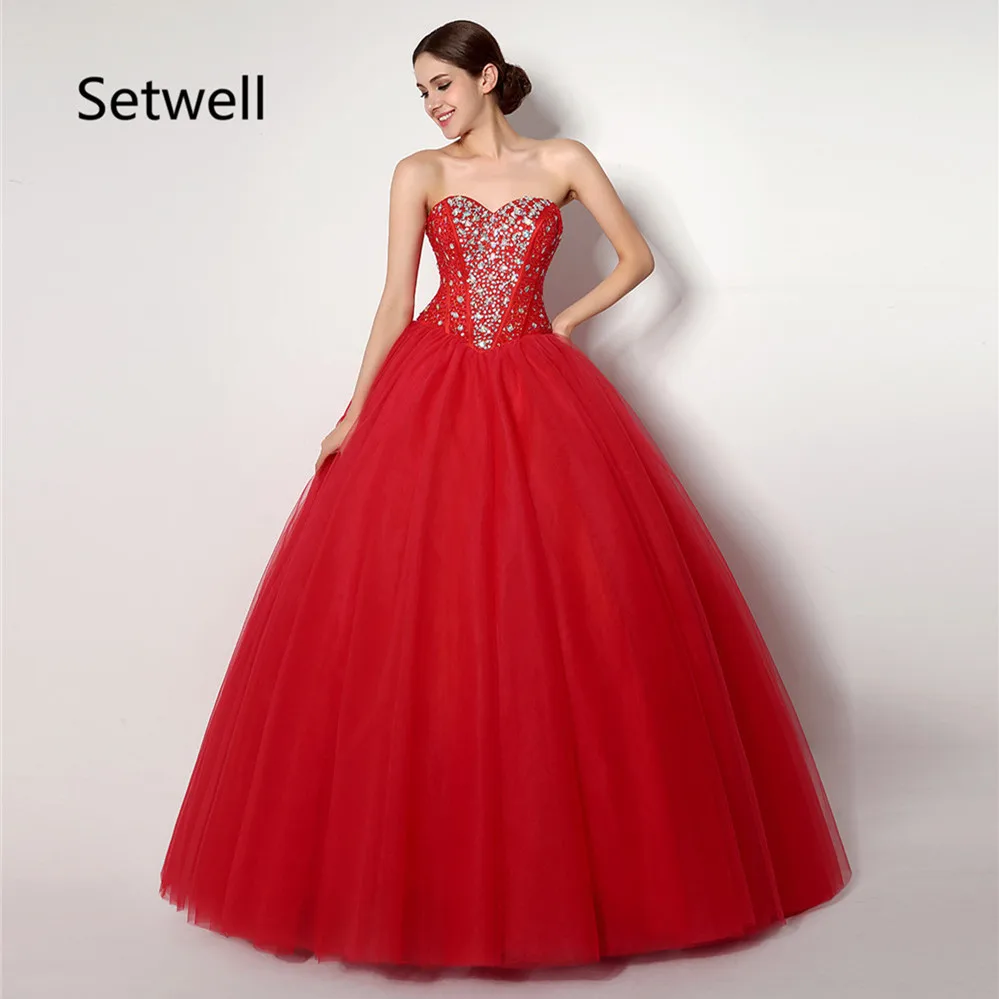 

Setwell 2017 Red Wedding Dresses Lace Up Back Backless Wedding Dress Shining Sequin Ball Gown Wedding Dress Custom Made Dress