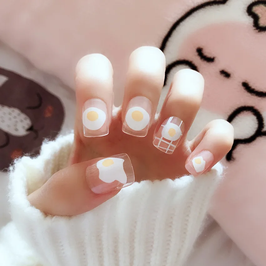 24 Pcs Cute Girls Egg Short False Nails Kawaii Transparent Fake Nails Fashion Simple With Glue Sticker