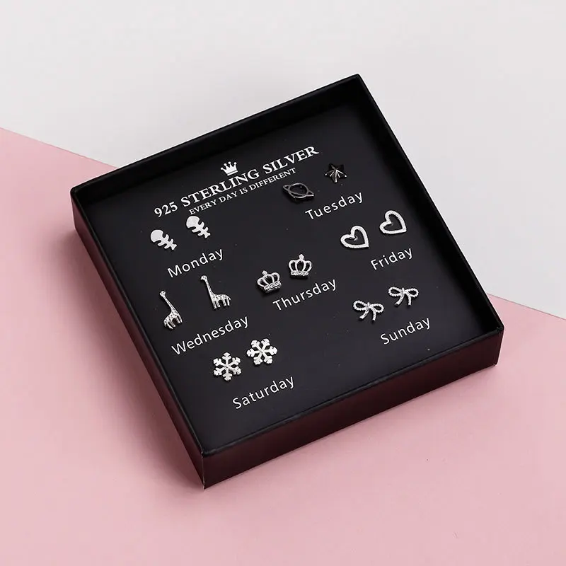 HFXSSSP S925 Серебряные игольчатые серьги в подарочной коробке Набор комбинированных