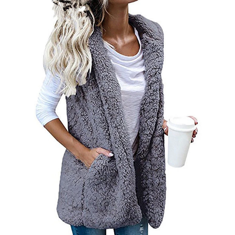 Однотонная женская куртка пальто кардиган без рукавов жилет искусственный мех