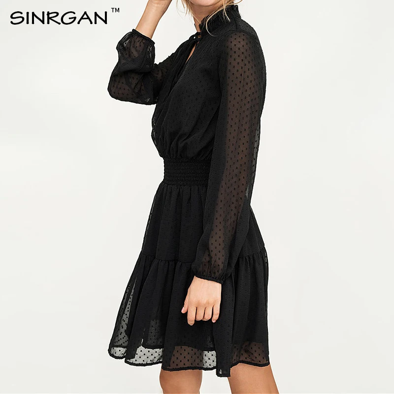 SINRGAN Черные зашнурвка мини платье женщины vestidos с длинным рукавом упругой талии