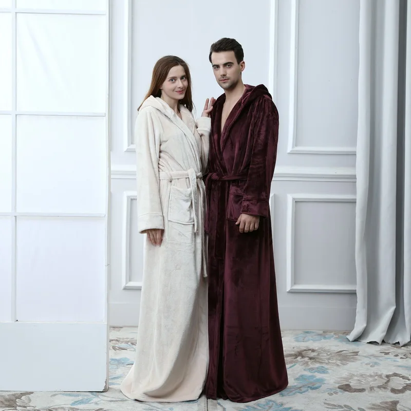 Women Men Winter Flannel Robe hooded Extra Long Warm Bathrobe Luxury Thick Bath Robes Plus Size Soft Thermal Dressing Gown | Женская