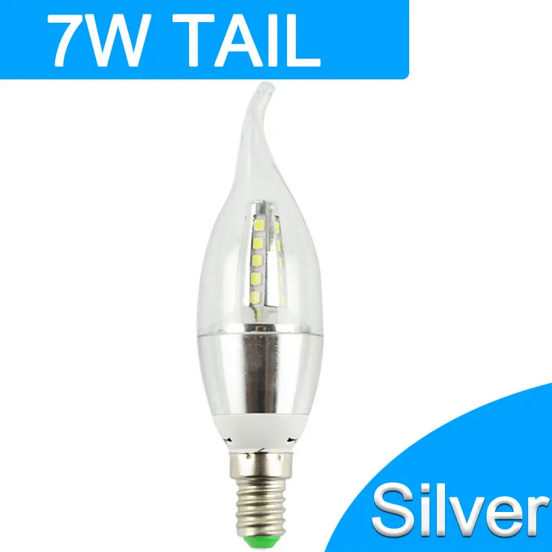 Silver 7w Tail GreenEye 10 шт. светодиодный светильник E14 220 в 7 Вт 9 Вт 12 Вт золотисто-серебристый алюминиевый светильник-Свеча для хрустальной люстры Lampara Ampoule - Испускаемый цвет: Silver 7w Tail