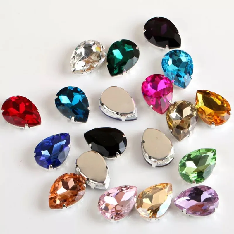 Стеклянные стразы в форме капель воды 50 шт. 18x25 мм пришитые вручную бриллианты
