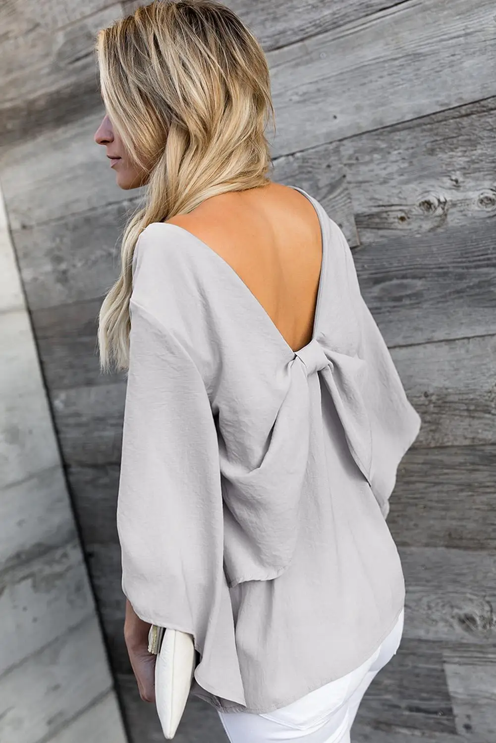 Echoine Gray/Black V-Neck Bowknot Three-Quarter Ruffle Sleeve Blouse Women Summer Formal Office Plus Size 2XL Tops |