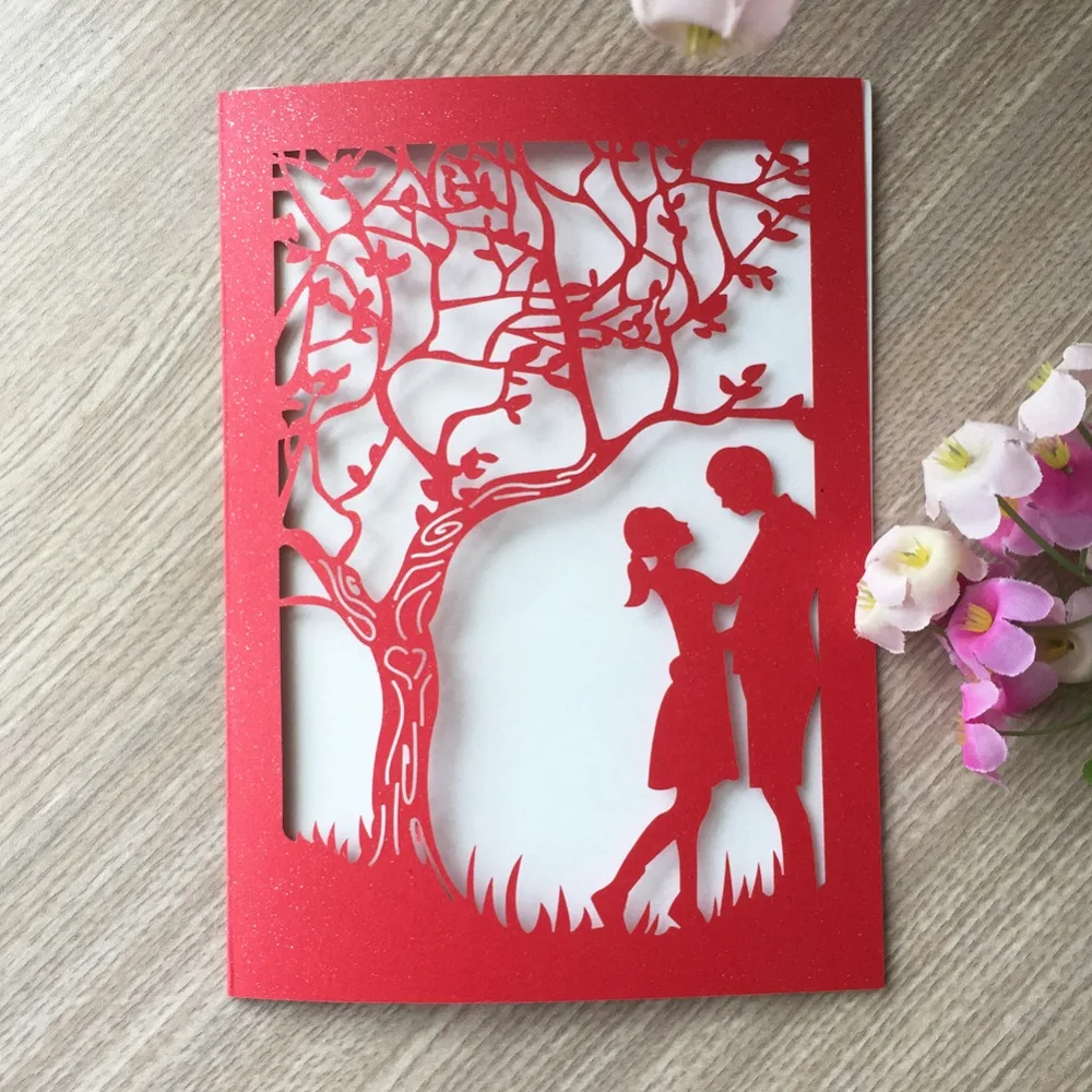 

100X Laser Cut pearl paper Romantic under tree Birthday Aniversary Valentine's Day Wedding Invitations Greeting Blessing Card