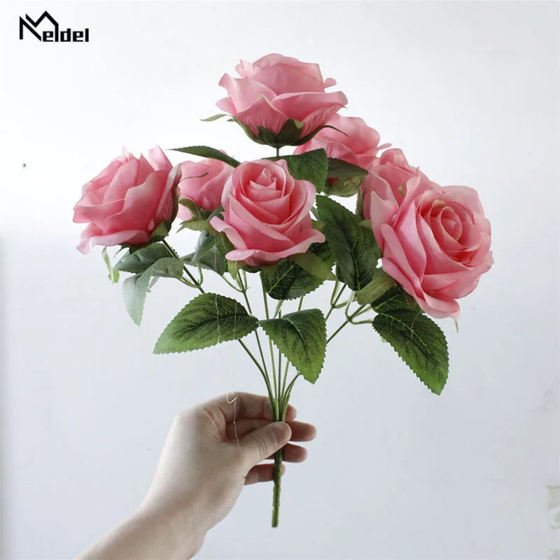 pink Meldel свадебные букет искусственного шелка Роза Пион 7 цветок с головками розовый букет невесты DIY Выходные туфли на выпускной бал Свадебные Поставки - Цвет: pink