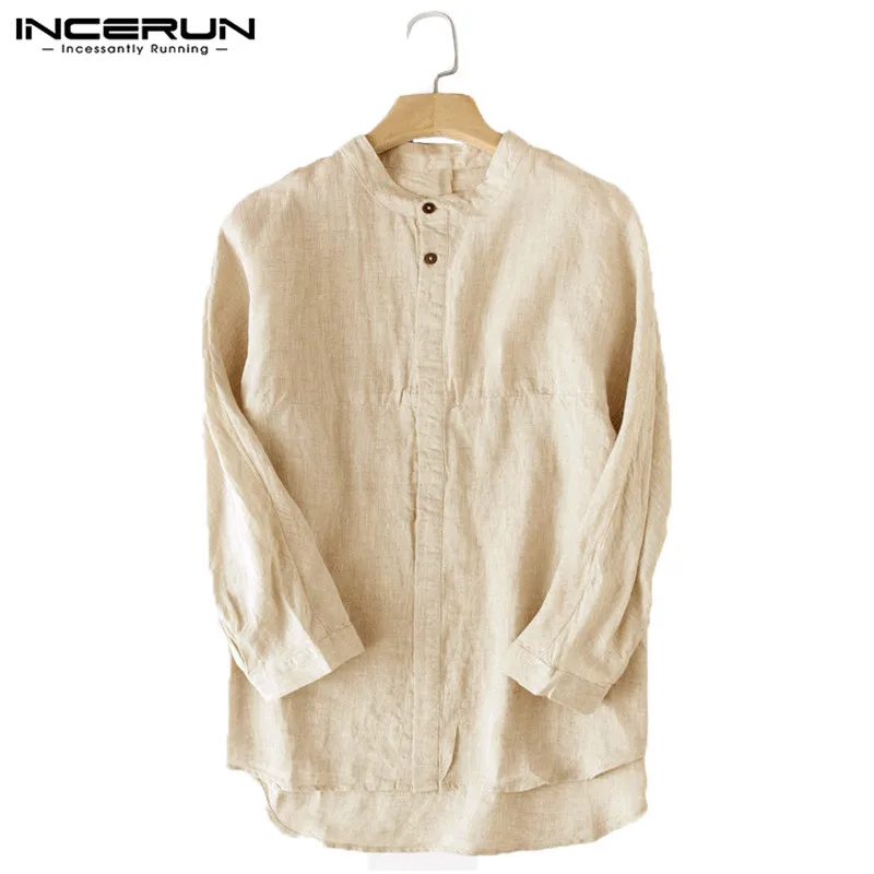 Khaki Shirt Винтажная Мужская рубашка со стоячим воротником, 3/4 рукав, пуговица, хлопок, лен, одноцветная блуза, китайский стиль, для отдыха, мужские Рубашки, Топы, INCERUN - Цвет: Khaki Shirt
