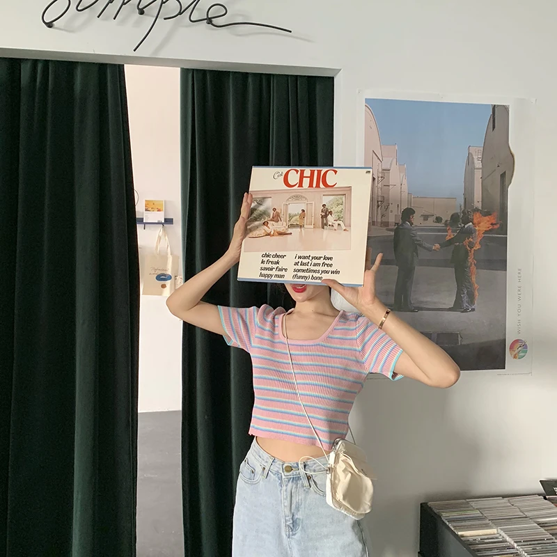 2019 летний корейский стиль полоса цветная нашивка свитер тонкий вязаный Топы с