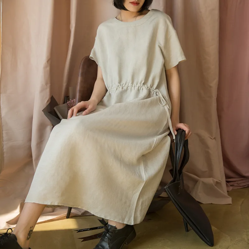 Linen Винтажное повседневное хлопковое льняное женское платье, Летние Новые однотонные цветные ленты с круглым вырезом и коротким рукавом, свободное платье - Цвет: Linen