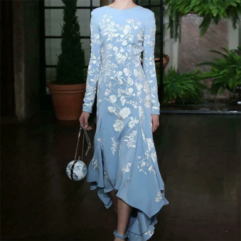 Женское платье с длинным рукавом синее цветочным принтом | Женская одежда