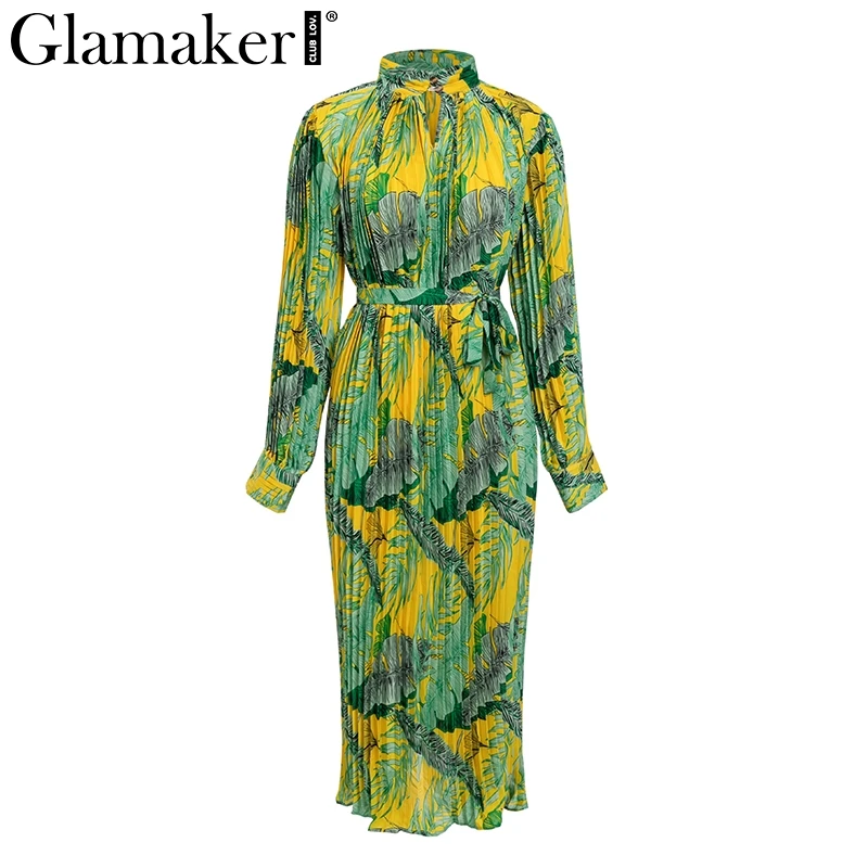 Yellow and green Glamaker Плиссированное Макси-платье с цветочным принтом, женское свободное Элегантное летнее платье с длинным рукавом, женское пляжное сексуальное платье в стиле бохо - Цвет: Yellow and green