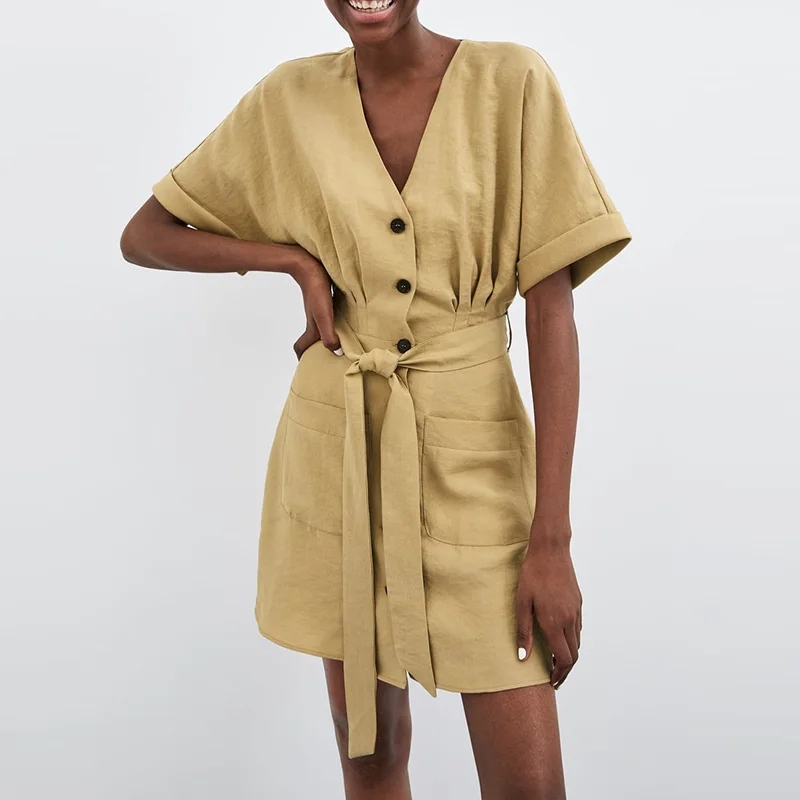 Sitruuna Летнее мини-платье с коротким рукавом винтажное платье поясом женское