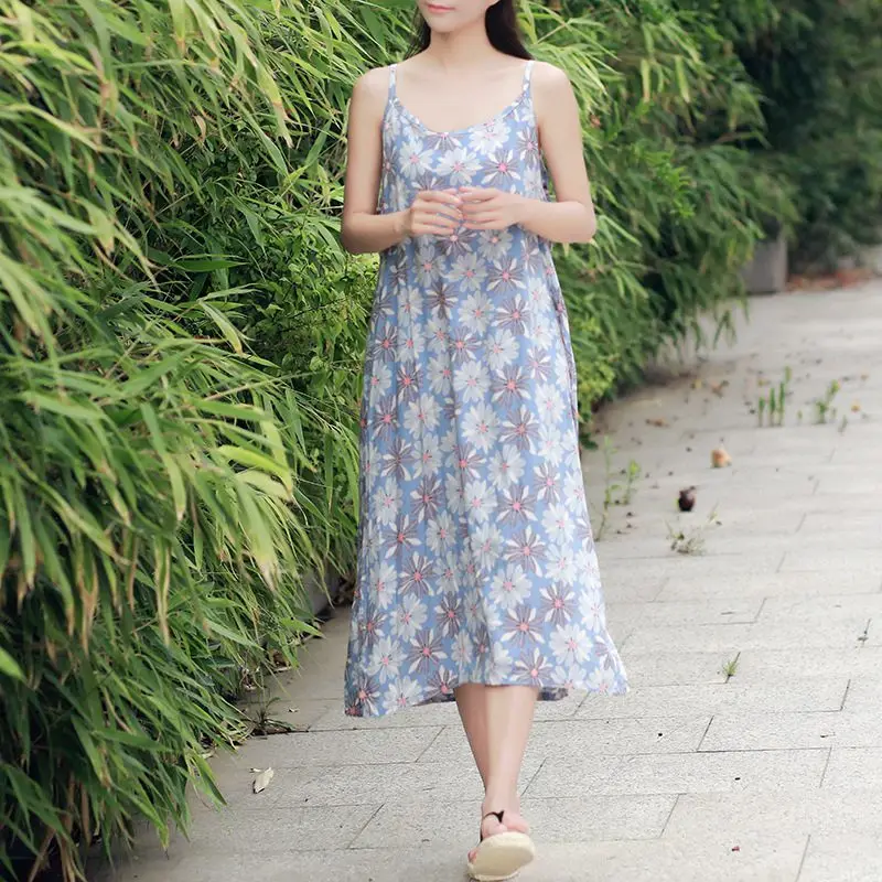 O-neck Cotton Flower print Sleeveless Women Summer Dress Casual Cute Long Strap Original Design Floral Robe Vestidos C135 | Женская