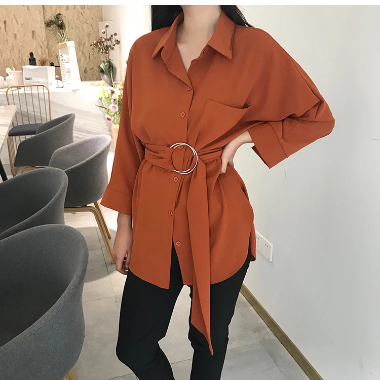 For Women Long Blouses Autumn Springcasual Buttons Women's Elegant Lace-Up Equipped Waist Retro Tops |