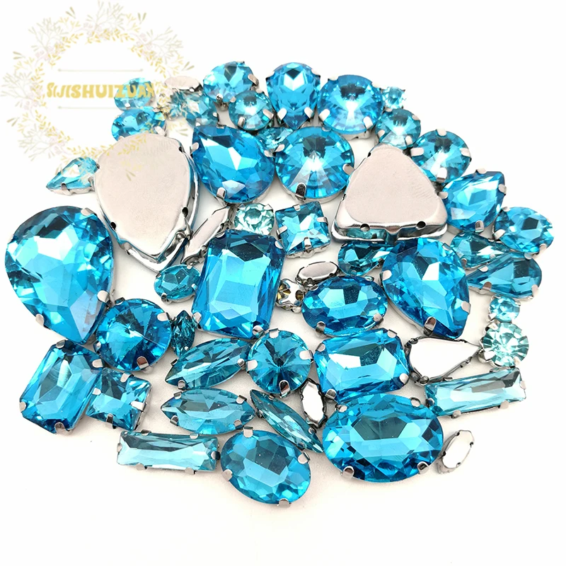 52pcs 23sizes 10shapes MIX Turquoise Blue Size Crystal Glass Sew-on Rhinestones silvery Bottom DIY Women's Dresses sijishuizuan | Дом и