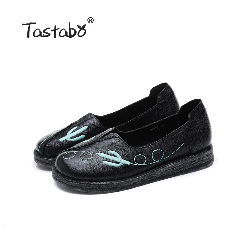 Black Tastabo/Женская обувь на плоской подошве; кожаная мягкая удобная повседневная обувь; износостойкая обувь ручной работы с мягкой подошвой; большие размеры - Цвет: Black