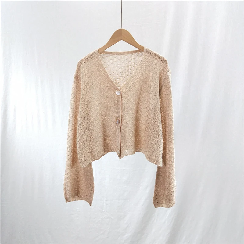 

Zoki Knitted Crop Sweater for Women Spring V-neck Short Cardigan Long Sleeve Sexy Single Button Hollow Out Harajuku Thin Coat