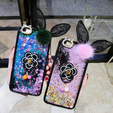 Чехол для samsung S8 S9 S10 Plus Note9 Note8 Note10 с милыми заячьими ушками зыбучие пески с динамическим жидким блеском