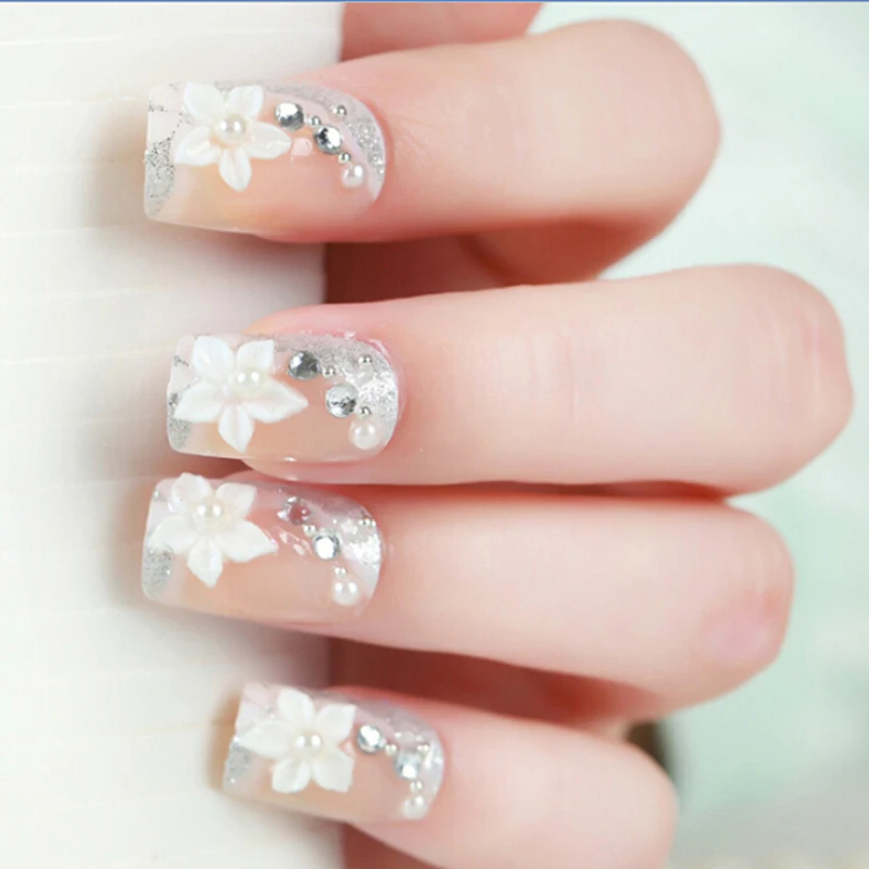 Искусственные 3D накладные ногти New Bride свадебные с французским алмазом 24