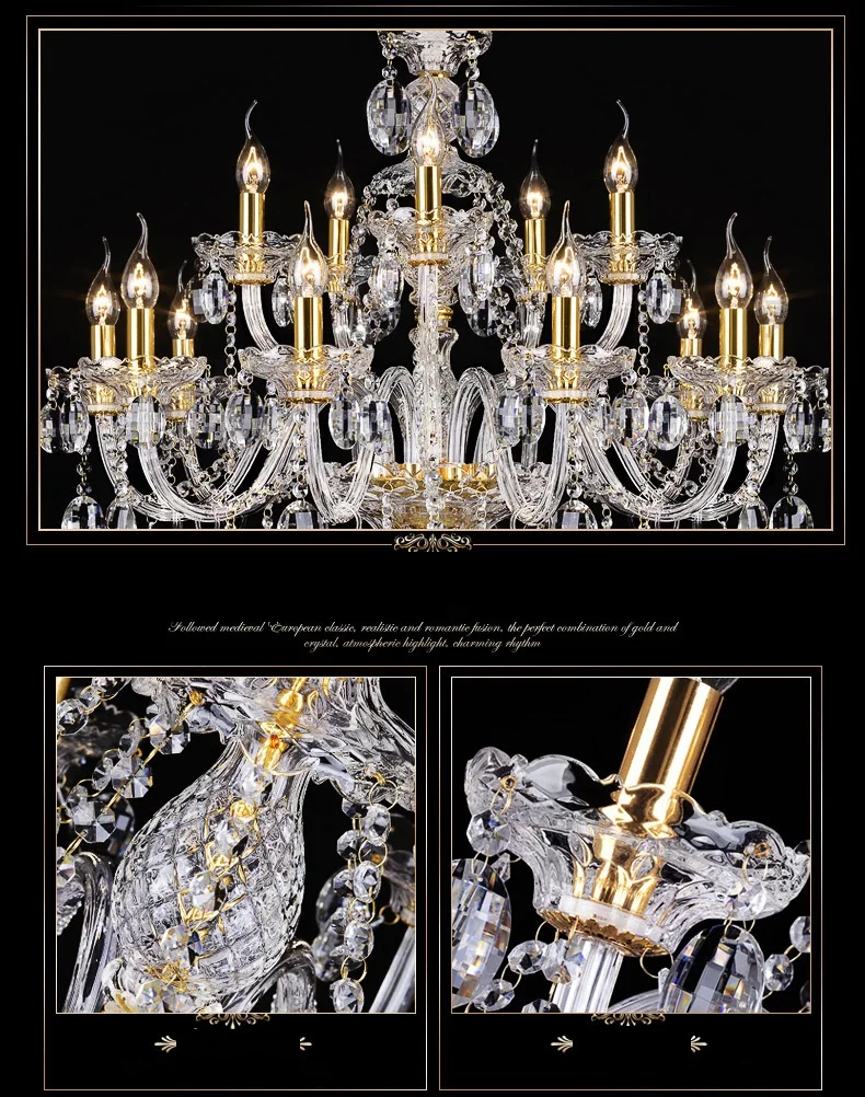 Candelabro de luz grande de cristal, iluminación de lujo moderna de lujo, dorado, transparente, K9