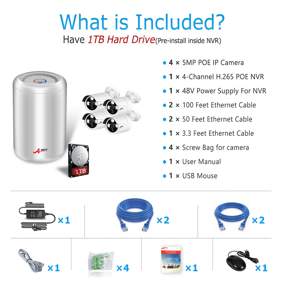 ANRAN CCTV H.265 8CH HD POE NVR 5.0MP 1920P Массив ИК День Ночь Открытый Пуля безопасности IP POE камера система с жестким диском