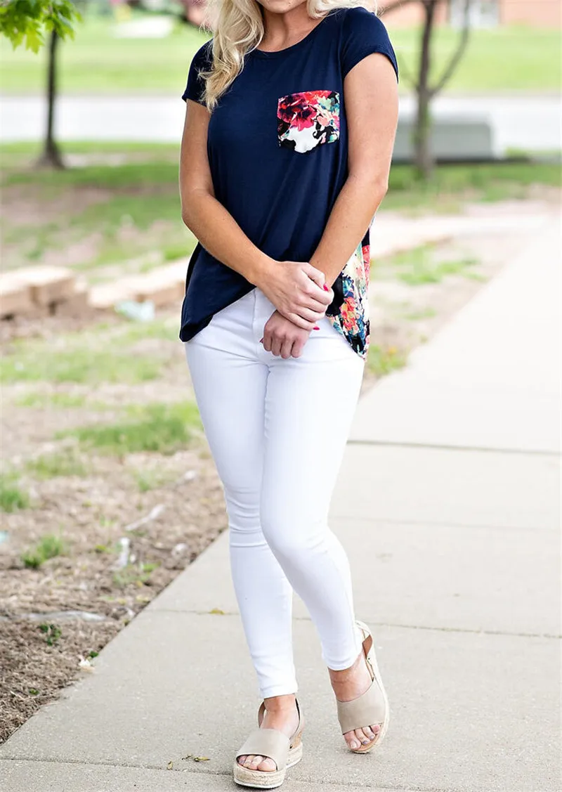 Цветы Принт Футболка Женская 2019 Новинка Летние Топы С Круглым Вырезом Свободная