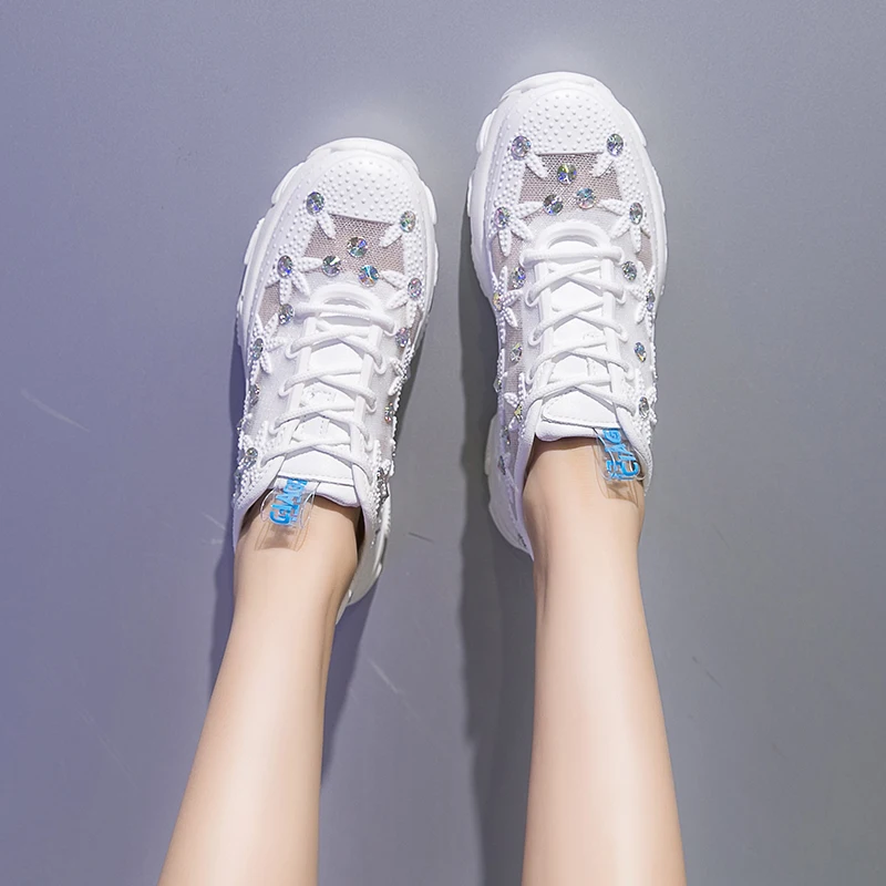 

YeddaMavis Mesh Sneakers Women Shoes 2019 Summer New White Lace Up Casual Shoes Rhinestone Womens Shoes Woman Zapatos De Mujer