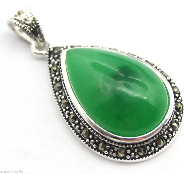 

Pretty 40X20mm Green Jades Beads MARCASITE 925 STERLING SILVER Unisex Pendant