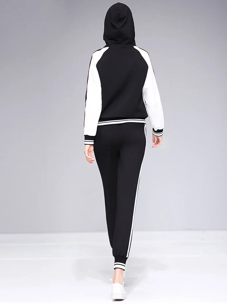 Women's Runway Twinsets Hooded Collar Long Sleeves Embroidery Hoodies with Striped Pants Fashion Two Piece Sets | Женская одежда