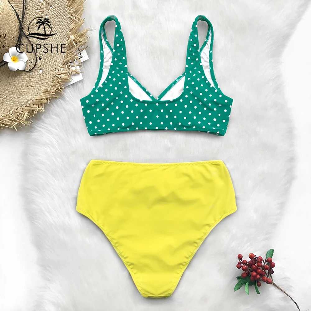 CUPSHE зеленый горошек и желтый с высокой талией на бретелях бикини наборы для