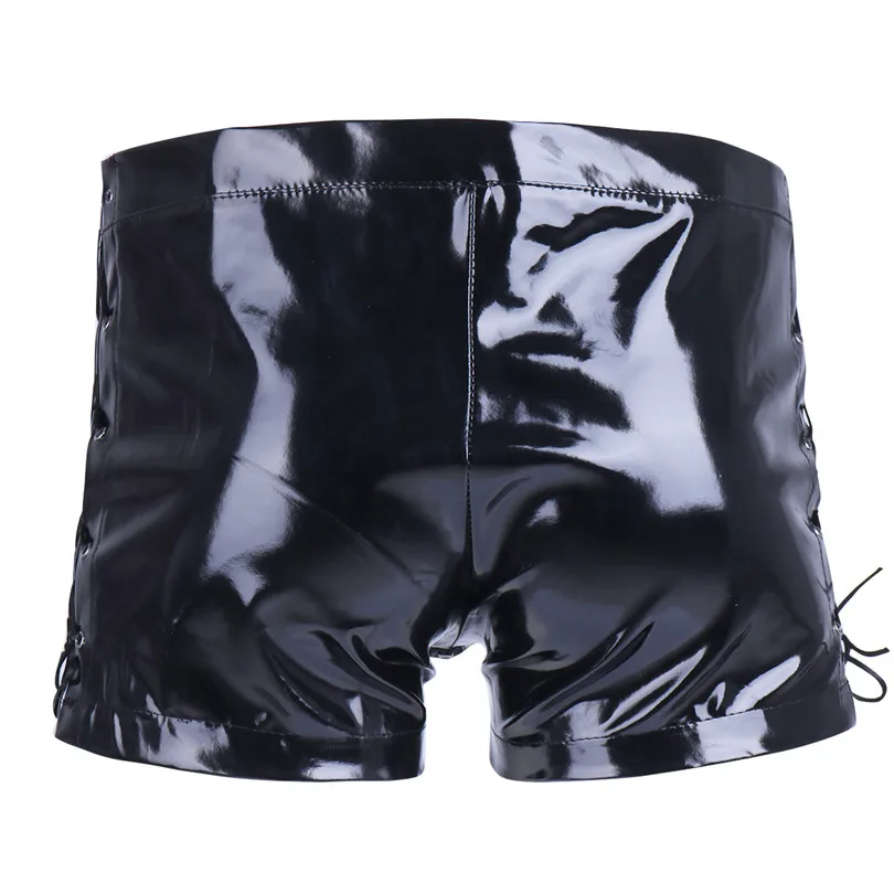 Men PVC Leather Boxer Underwear High Quality Wet Look Zipper Front Lace Up Underpants Leather Latex Boxer Shorts Underwear M-XXL