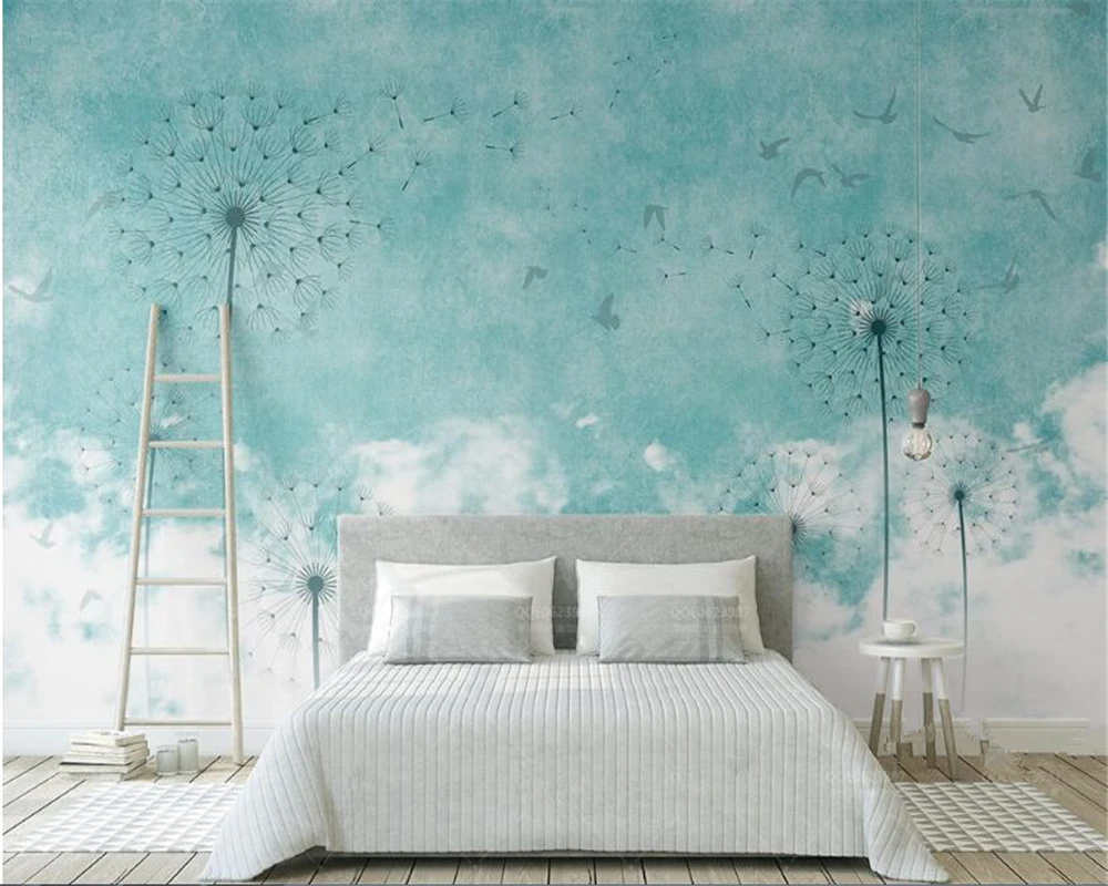 

beibehang Custom wall papers home decor Fashion Fresh Modern Nordic Style Blue Dandelion Flying Bird TV Background 3d Wallpaper