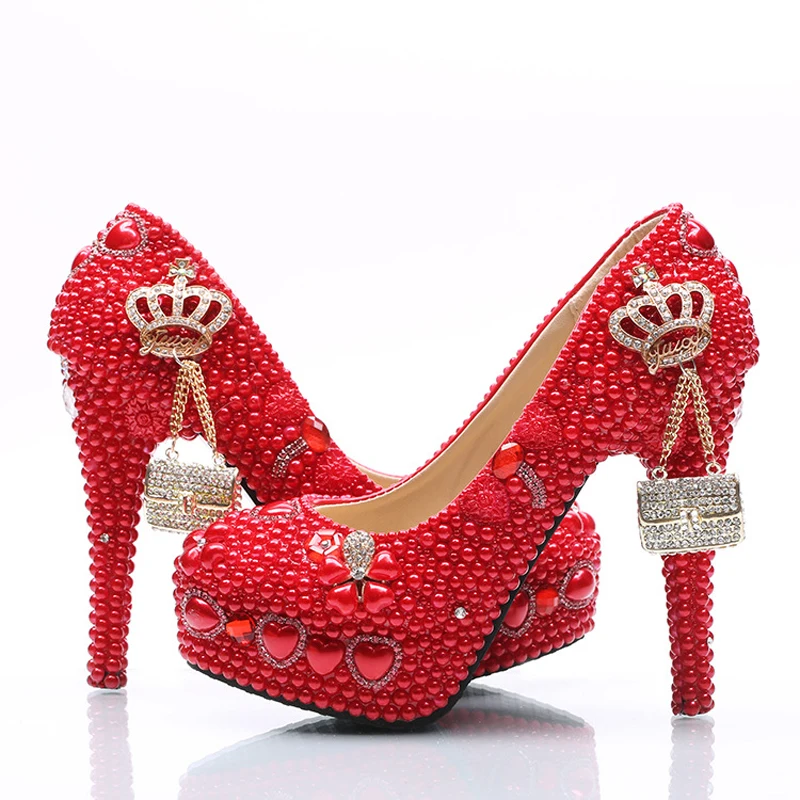 Свадебные туфли ручной работы для невесты с красным жемчугом и стразы женские на