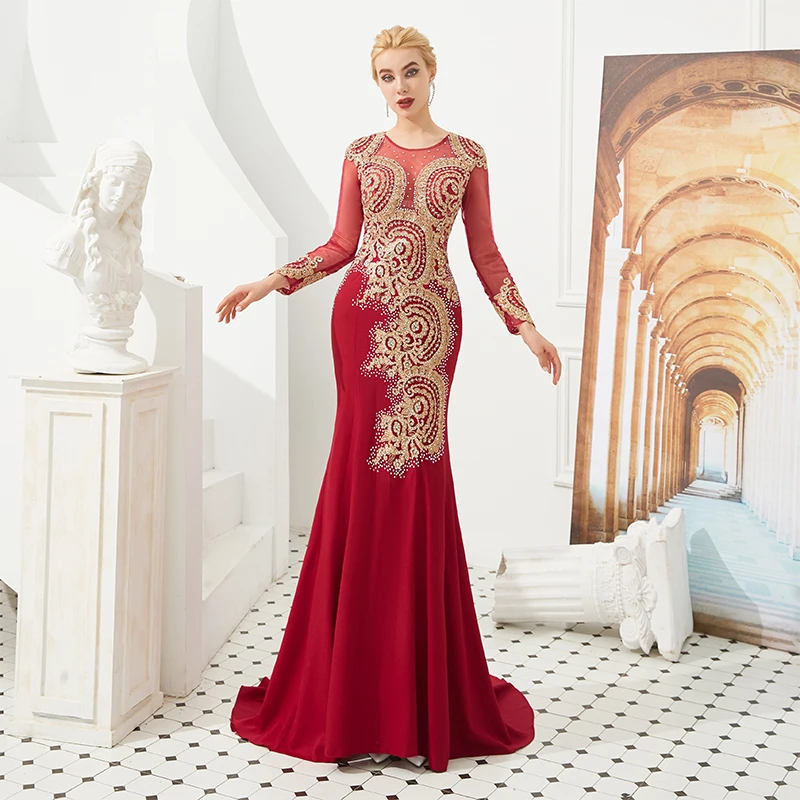 

Burgundy Mermaid Evening Dress Long Sleeves Gold Appliques Diamonds Prom Dress Illusion Bodice Formal Party Gown Robe De Soiree