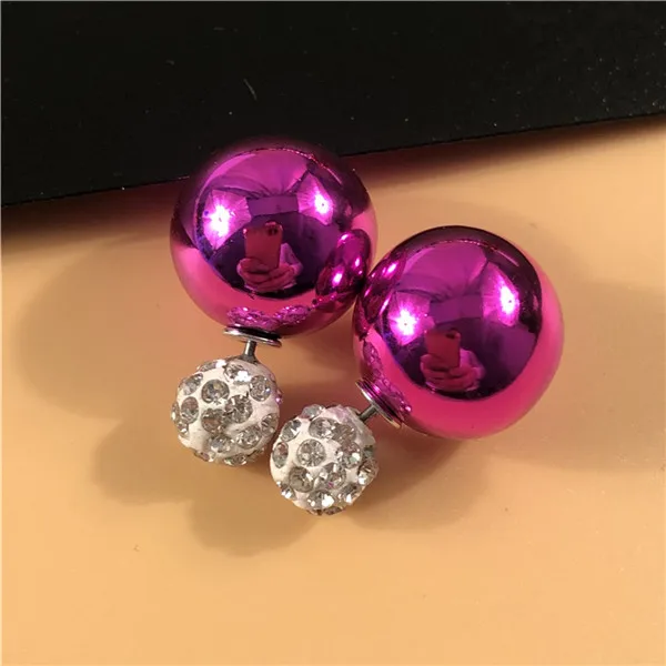rose red 14 22 цвета, Новое поступление, Двухсторонние серьги с большими шариками, красочные серьги Шамбала с блестящими кристаллами, большие жемчужные серьги-гвоздики для женщин, Brincos - Окраска металла: rose red 14