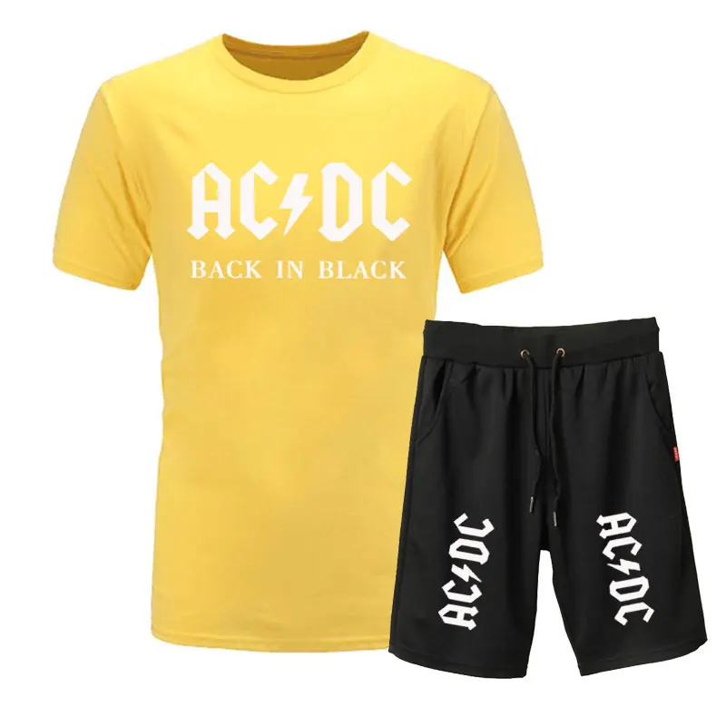 Новая брендовая одежда, AC/DC, Мужская футболка, Swag, футболка, хлопок, Мужская футболка и шорты, Homme, для фитнеса, Camisetas, хип-хоп, футболка, 2 предмета - Цвет: yellow black