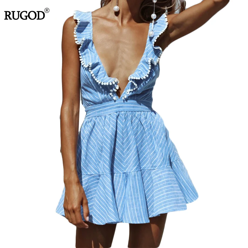 Женское Короткое платье без рукавов RUGOD голубое в полоску с оборками и открытой