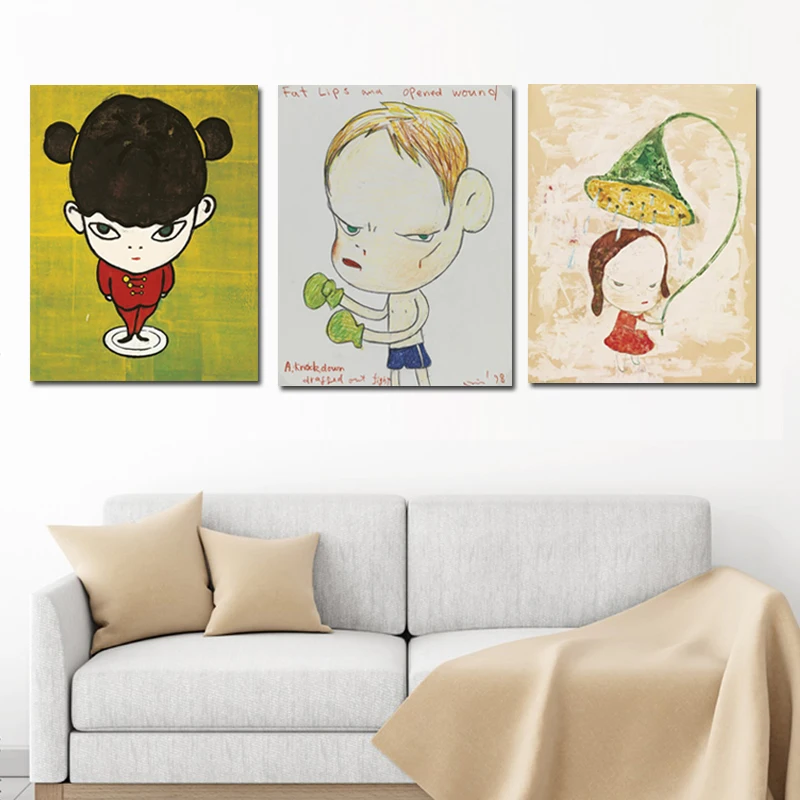 3 Панели Yoshitomo Nara с персонажами из мультфильмов для девочек лунатизм кукла холст