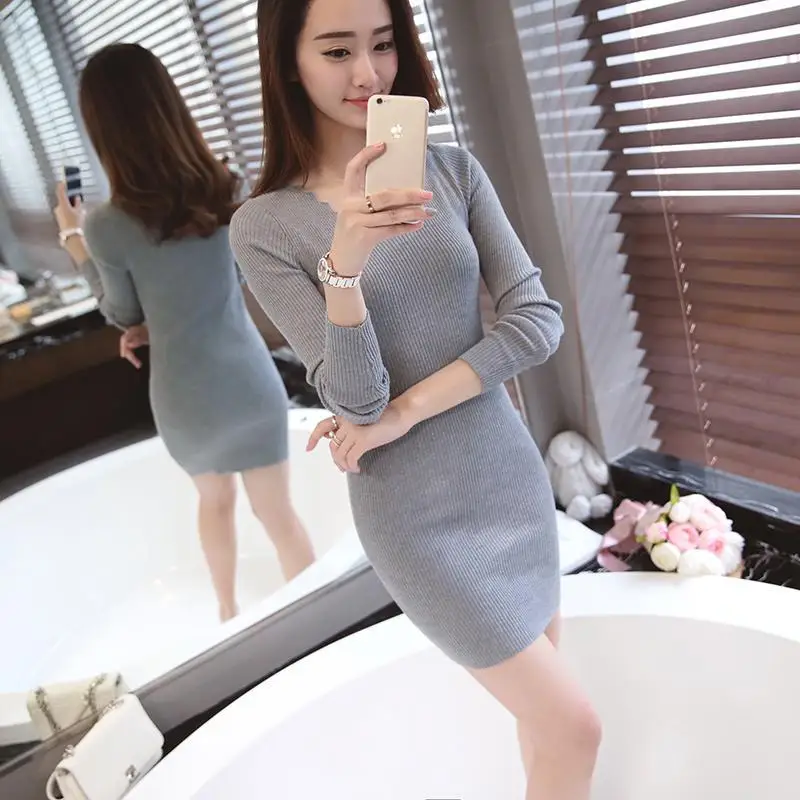 Бренд NFIVE 2017 женские вязаные однотонные платья на осень и зиму новый корейский